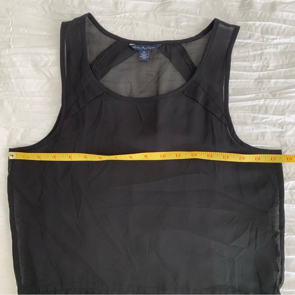 AMERICAN EAGLE Women’s Black Tank Top Sheer Flowy Chiffon Raw Hem Pleated SZ. SP - Picture 9 of 14
